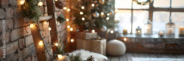 Obraz A Christmas reading corner with a large bookshelf, decorated tree, and soft lighting, perfect for holiday stories