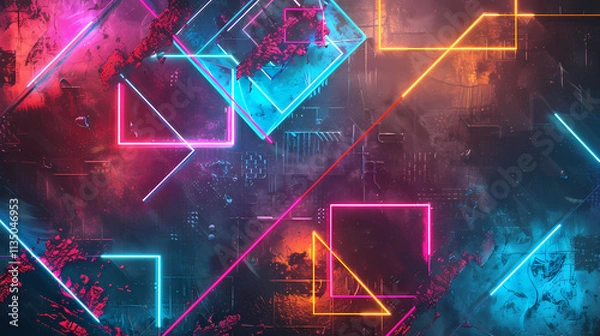 Fototapeta Neon Cityscape: A vibrant abstract cityscape rendered in a captivating neon color palette.  Intertwined lines and shapes create a dynamic and futuristic aesthetic.