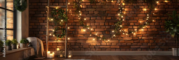 Obraz A Christmas reading corner with a large bookshelf, decorated tree, and soft lighting, perfect for holiday stories