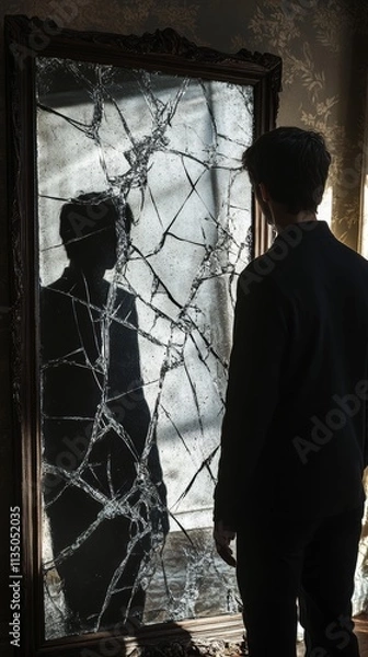 Fototapeta  The face of a young man behind the broken mirror