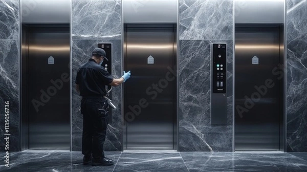 Fototapeta Disinfecting Elevator Buttons in Modern Corporate Lobby
