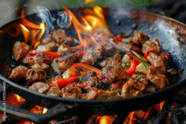 Fototapeta Chunks of marinated meat and colorful vegetables are sizzling and bursting with flavor over an open flame, creating a mouthwatering aroma in the outdoor barbecue atmosphere.