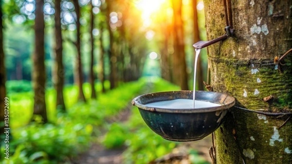 Fototapeta Macro Photography: Rubber Tree Latex, Natural Rubber Harvesting, Hevea Brasiliensis, Close-up Rubber Sap, Natural Rubber Production,  Tree Sap Collection