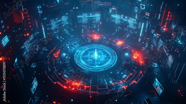 Fototapeta A glowing esports arena icon surrounded by player data, representing online platforms for competitive gaming analysis.  