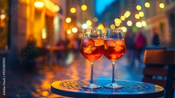 Fototapeta Two wine glasses filled with a cold, refreshing drink are placed on a small table in a cozy street lit with warm bokeh lights. The scene evokes a sense of leisure, relaxation, and urban charm.. AI
