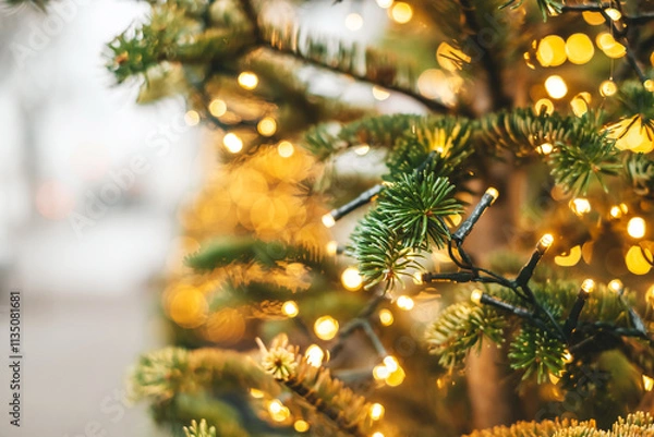Fototapeta Christmas tree decoration and garland with golden bokeh lightening background.