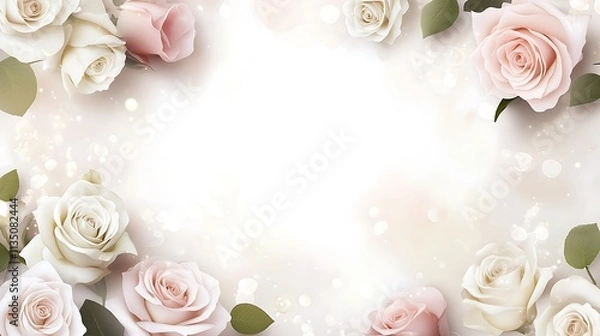 Obraz Delicate pink and white roses border a bright background, ideal for wedding invitations, greeting cards, or romantic designs.