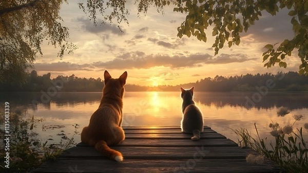Obraz Dog and cat sitting on a wooden dock watching sunset over lake. (1)