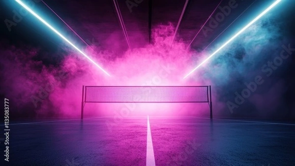 Fototapeta A vibrant, futuristic scene featuring a net surrounded by colorful smoke and beams of light, creating an energetic atmosphere.