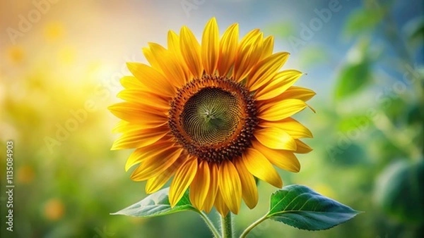 Obraz Tilt-Shift Sunflower Photography: Vibrant Blooming Sunflower Illustration on White Background