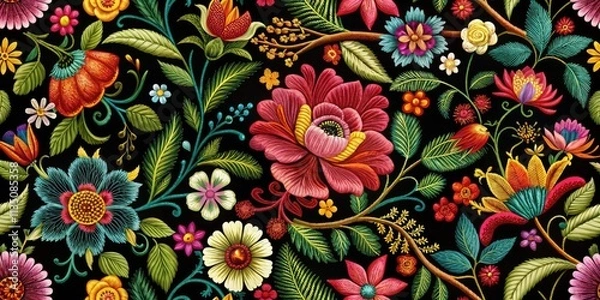 Fototapeta Intricate botanical design, dark floral embroidery, perfect seamless pattern for textiles.