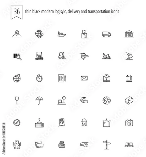 Fototapeta 36 thin black modern linear icons of logistic, delivery and tran