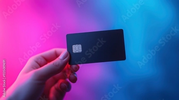 Obraz A hand grips a modern matte black credit card, set against an artistic backdrop of glowing blue and pink hues, evoking a sense of stylish sophistication