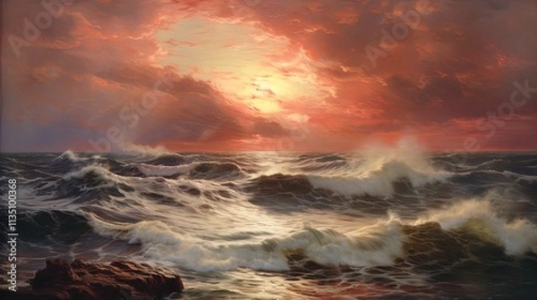 Fototapeta A dramatic seascape featuring turbulent ocean waves under a vibrant sunset sky. The scene captures the contrasting colors of deep blues and whites of the crashing waves against a fiery orange and pink