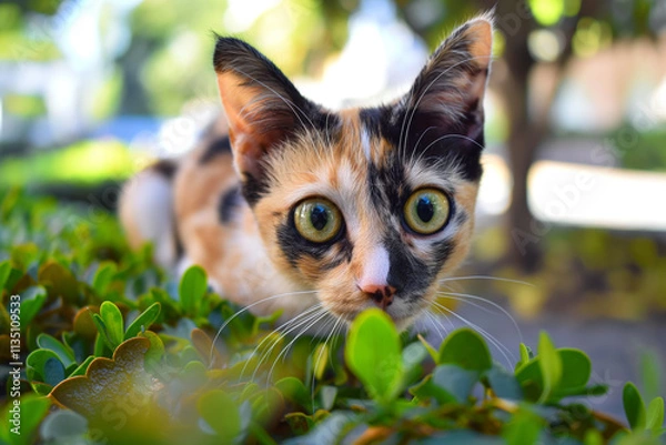 Fototapeta Alert kitten with intense expression among colorful foliage and greenery in summer sunlight