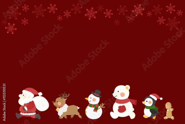 Fototapeta サンタ、トナカイ、雪だるま、しろくま、ペンギン、ジンジャーブレッドの散歩　赤　雪の結晶