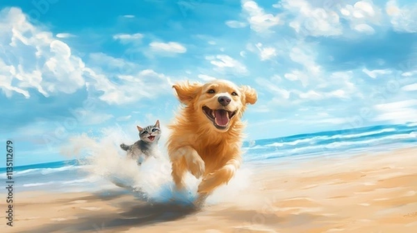 Obraz Happy golden retriever dog and kitten running on a sunny beach, kicking up sand.
