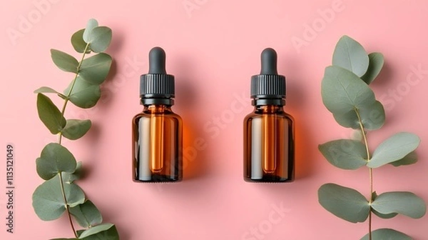 Fototapeta Essential oils for skin beautifully displayed with amber bottles amid fresh eucalyptus leaves, creating a serene and rejuvenating ambiance in soft pink tones.