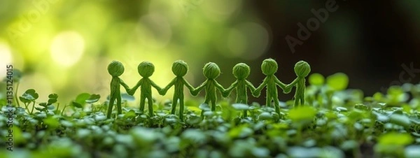 Obraz Green figures holding hands in lush greenery.