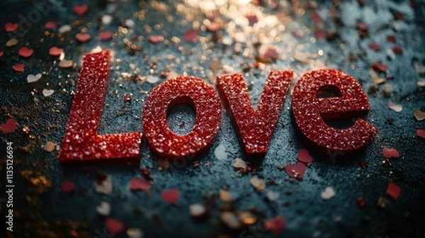 Fototapeta "Love" red text on blue background, confetti. Happy Valentine's Day concept