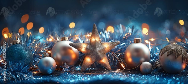 Obraz A blue velvet board decorated with silver tinsel, shimmering baubles, and a glowing star centerpiece