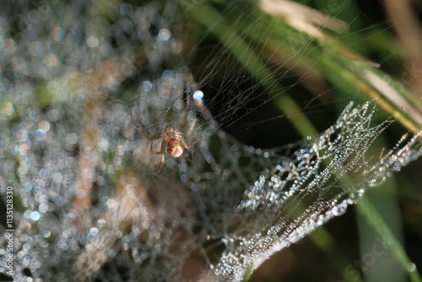 Fototapeta Spider on a web basks in the sun's rays.