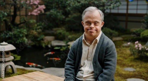 Fototapeta Elderly caucasian man with down syndrome enjoying tranquil japanese garden scene