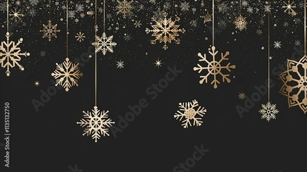 Fototapeta A black background with golden snowflakes hanging from the corners
