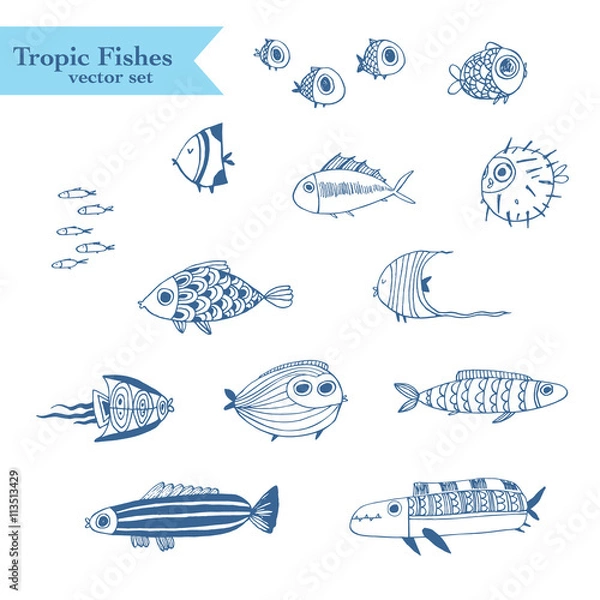 Obraz Cute summer fishes vector set.
