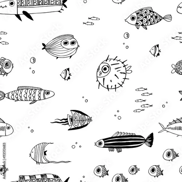 Obraz Cute summer fishes. Seamless vector pattern. Perfect for scrapbook paper, fabrics, web.