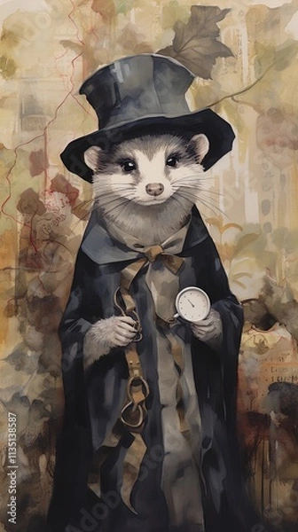 Fototapeta An anthropomorphic ferret dressed in a classic top hat and a long coat holds a pocket watch in one hand and a set of handcuffs in the other. The ferret has a charming expression, with prominent whiske