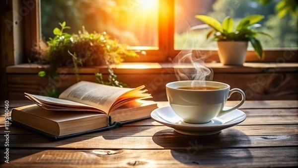 Fototapeta Serene Scene of a White Cup of Tea on a Rustic Wooden Table Next to an Open Reading Book, Perfect for Cozy Moments and Relaxation