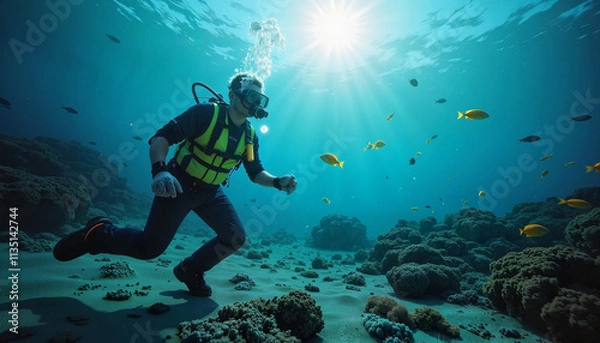Fototapeta Diving into the azure depths exploring vibrant coral reefs and playful fish in a tranquil underwater paradise