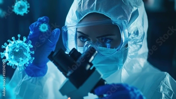 Fototapeta Scientist examining viruses under a microscope in a laboratory environment.
