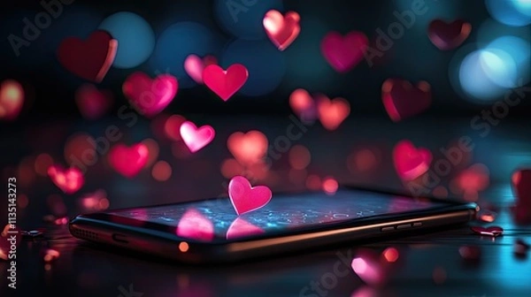 Obraz Hearts around mobile phone on dark background. Selective focus.
