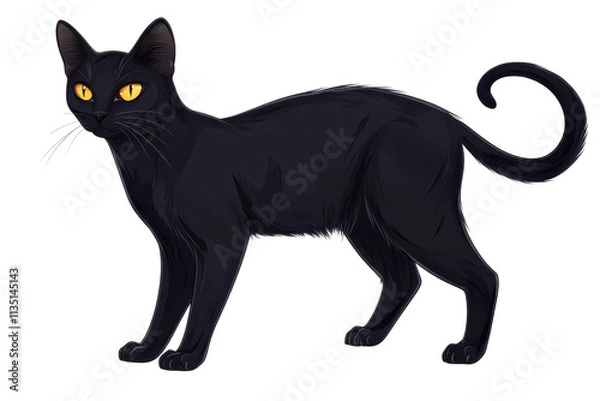 Fototapeta A sleek black cat with striking yellow eyes stands poised, showcasing its elegant form and attentive posture.