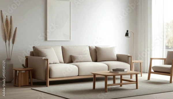 Fototapeta Modern Minimalist Living Room Beige Sofa Wooden Furniture Decor