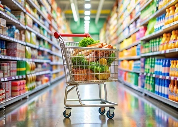 Fototapeta Shopping Cart Ready for a Shopping Day: A Well-Organized Scene Featuring a Full Shopping Cart in a Bright Store Aisle, Inviting Shoppers to Explore and Discover New Items