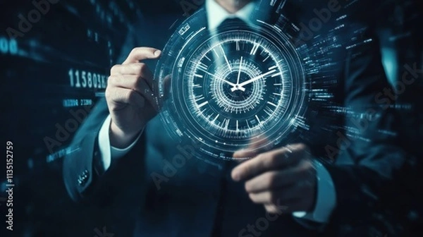 Fototapeta Businessman Interacting With A Holographic Clock Display