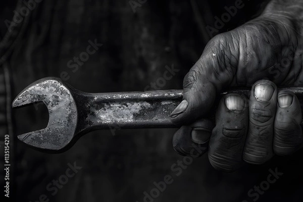 Fototapeta A Weathered Hand Gripping a Wrench, Symbolizing Hard Work and Craftsmanship