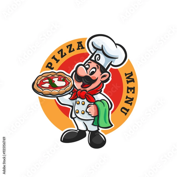 Obraz chef with pizza cartoon logo mascot