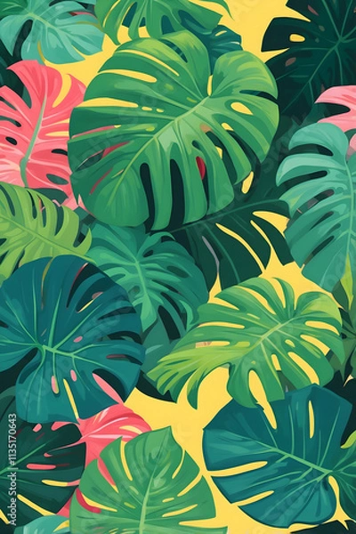 Fototapeta A repeating pattern of tropical monstera and palm leaves in vibrant green tones, with a modern, bold aesthetic.