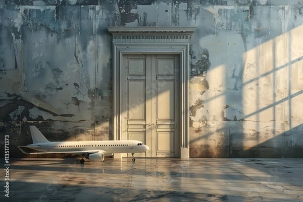 Fototapeta Surreal Scene of a Model Airplane Beside an Elegant Door in a Weathered Room