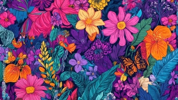 Fototapeta Whimsical Floral and Foliage Designs Seamless pattern: Playful Doodles, Geometric Leaves, and Elegant Wildflowers in Bold and Soft Color Palettes.