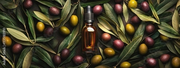 Obraz Olive essential oil in a bottle. Selective focus.