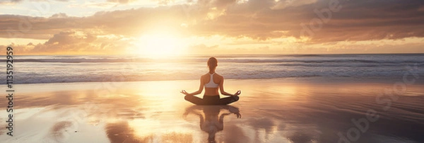 Fototapeta A woman practicing yoga on the beach at sunrise, with calm ocean waves in the background and soft, warm light. 