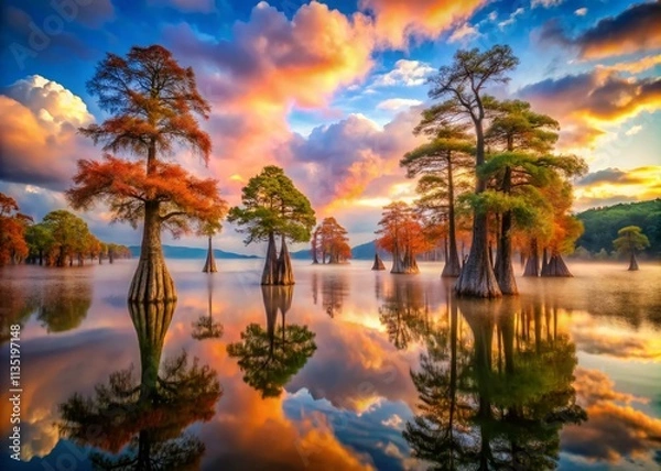 Fototapeta Surreal Cypress Trees in a Dreamlike Landscape with Floating Clouds and Vibrant Colors Capturing the Essence of Nature’s Mystique and Tranquility