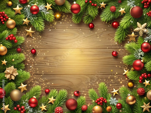 Fototapeta Beautiful christmas background template with wooden background.