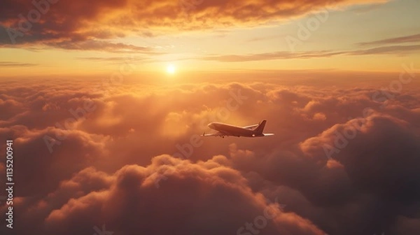 Obraz Airplane Soaring Above Golden Sunset Cloudscape