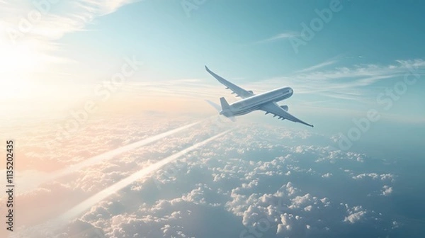 Fototapeta Airplane Soaring Above Fluffy Clouds In Sunlight